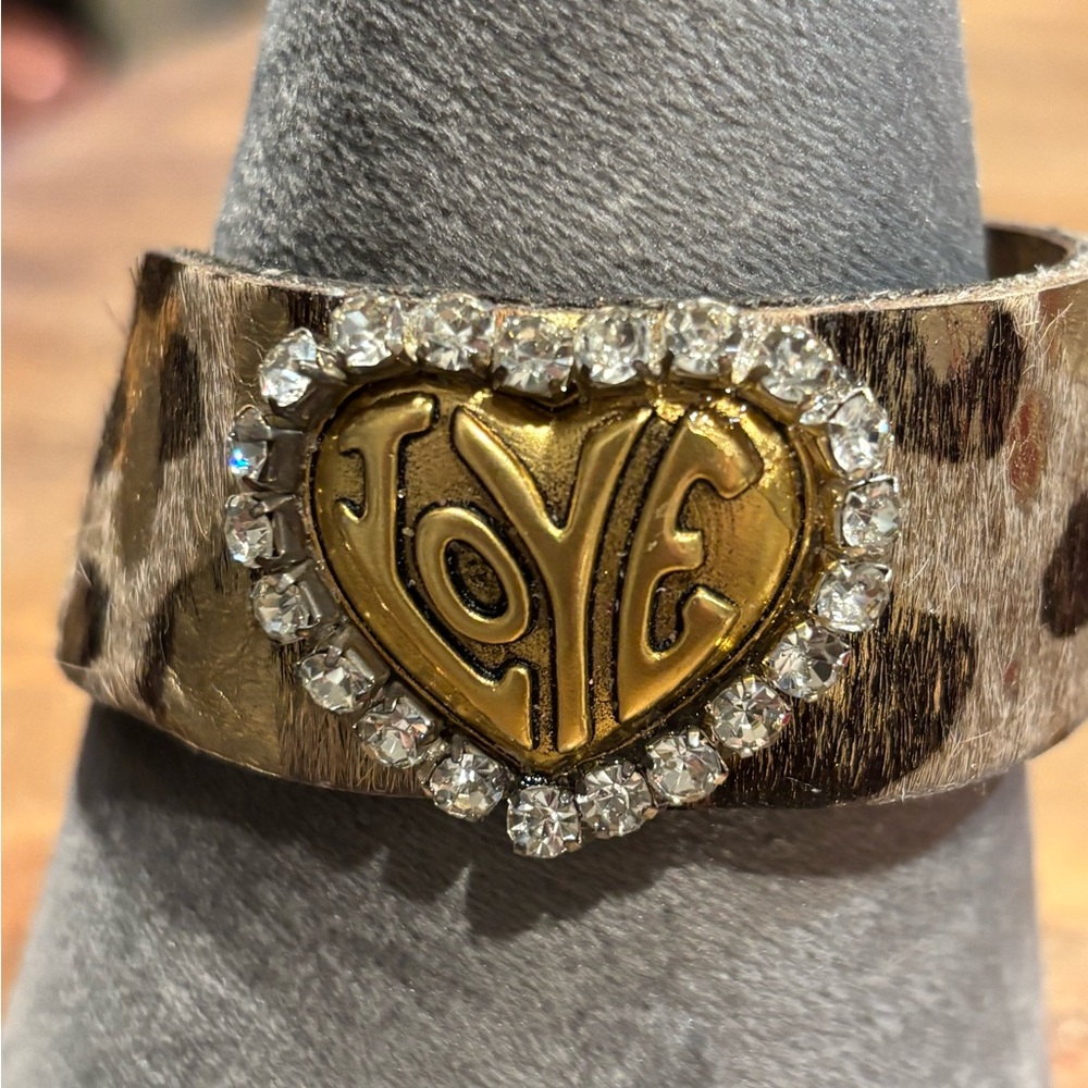 Leopard Print hair on hide Bracelet with Gold Heart and crystal Accent!